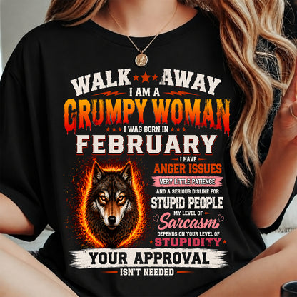I Am A Grumpy Woman Born In February Wolf Graphic Tee - Funny Sarcastic Women's Shirt (SKU2607-311-02) SUN02