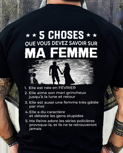 Février - T-shirt humoristique pour mari - Cadeau Saint-Valentin, anniversaire, fête et occasions spéciales, offert par son épouse - (SKU26T-01308-02) SUN02