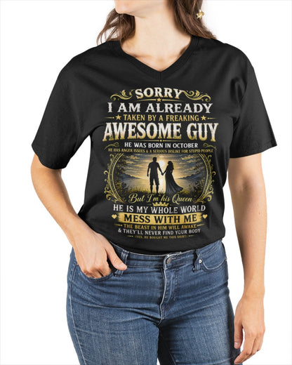 Awesome Guy Born In October - Funny Gift T-Shirt for Girlfriend or Wife - Anniversary, Birthday & Holiday Present from Boyfriend or Husband (SKU2607-285-10) - SUN10