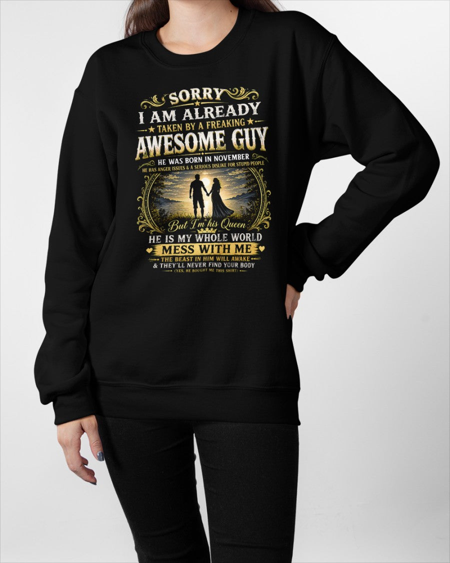 Awesome Guy Born In November - Funny Gift T-Shirt for Girlfriend or Wife - Anniversary, Birthday & Holiday Present from Boyfriend or Husband (SKU2607-285-11) - SUN11