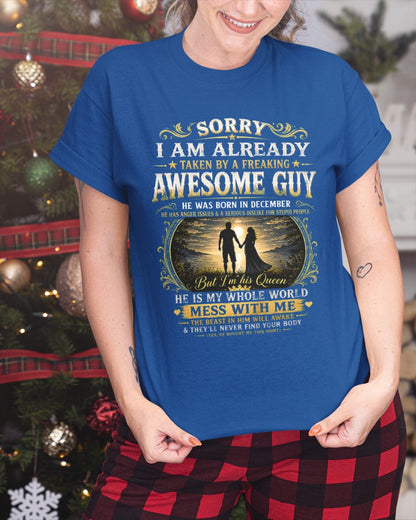 Awesome Guy Born In December - Funny Gift T-Shirt for Girlfriend or Wife - Anniversary, Birthday & Holiday Present from Boyfriend or Husband (SKU2607-285-12) - SUN12
