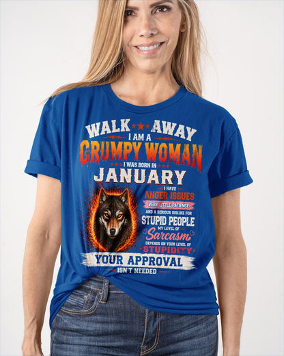 I Am A Grumpy Woman Born In January Wolf Graphic Tee - Funny Sarcastic Women's Shirt (SKU2607-311-01) SUN01