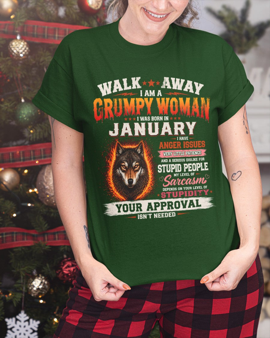 I Am A Grumpy Woman Born In January Wolf Graphic Tee - Funny Sarcastic Women's Shirt (SKU2607-311-01) SUN01
