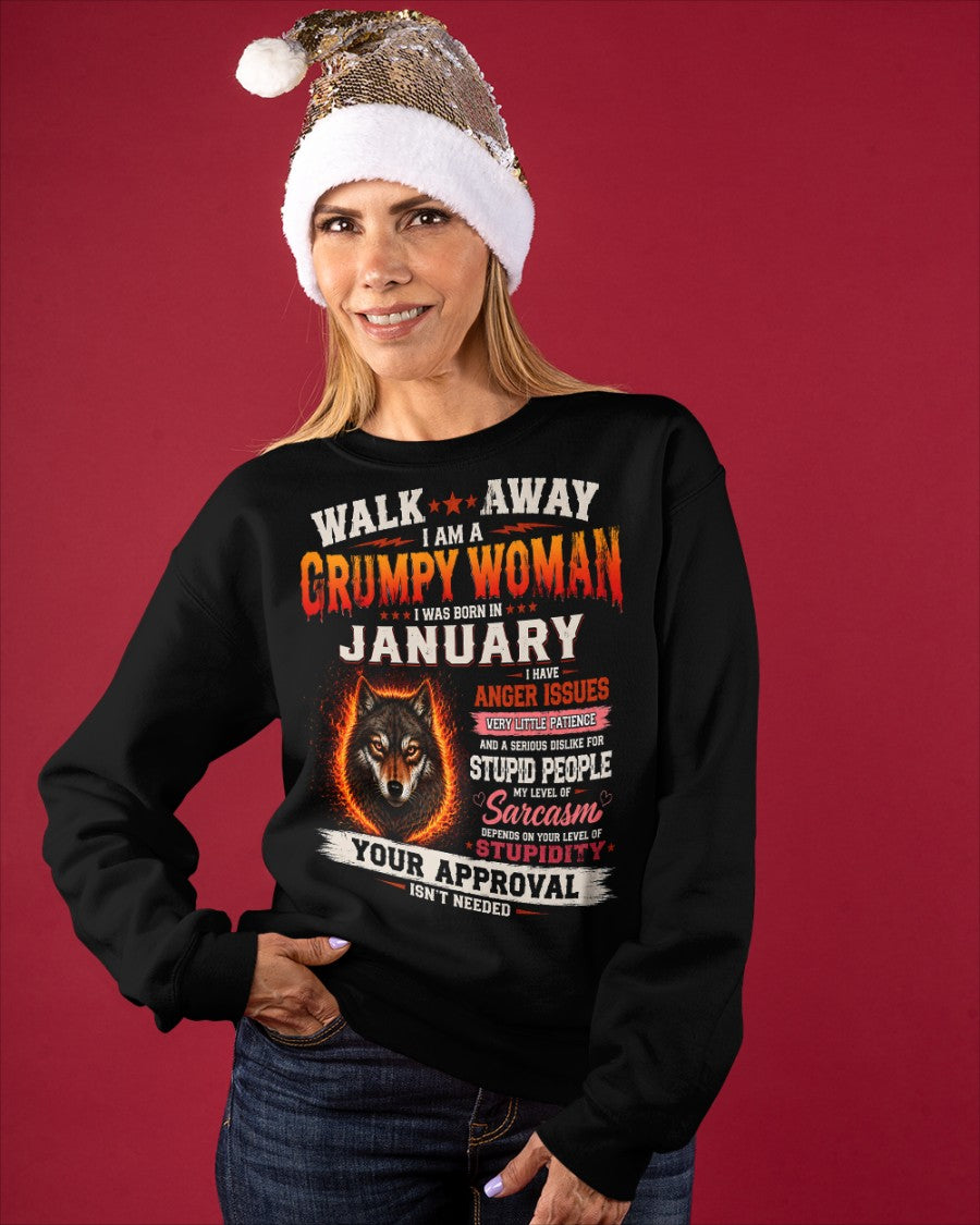 I Am A Grumpy Woman Born In January Wolf Graphic Tee - Funny Sarcastic Women's Shirt (SKU2607-311-01) SUN01