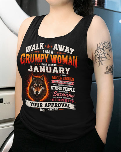 I Am A Grumpy Woman Born In January Wolf Graphic Tee - Funny Sarcastic Women's Shirt (SKU2607-311-01) SUN01