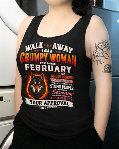 I Am A Grumpy Woman Born In February Wolf Graphic Tee - Funny Sarcastic Women's Shirt (SKU2607-311-02) SUN02