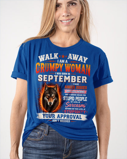 Grumpy Woman Shirt - I Am A Grumpy Woman Born In September Wolf Graphic Tee - Funny Sarcastic Women's Shirt (SKU2607-311-09) SUN09