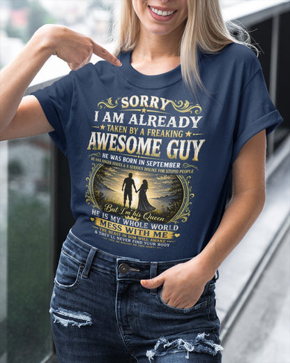 Awesome Guy Born In September - Funny Gift T-Shirt for Girlfriend or Wife - Anniversary, Birthday & Holiday Present from Boyfriend or Husband (SKU2607-285-09) - SUN09