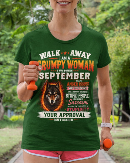 Grumpy Woman Shirt - I Am A Grumpy Woman Born In September Wolf Graphic Tee - Funny Sarcastic Women's Shirt (SKU2607-311-09) SUN09