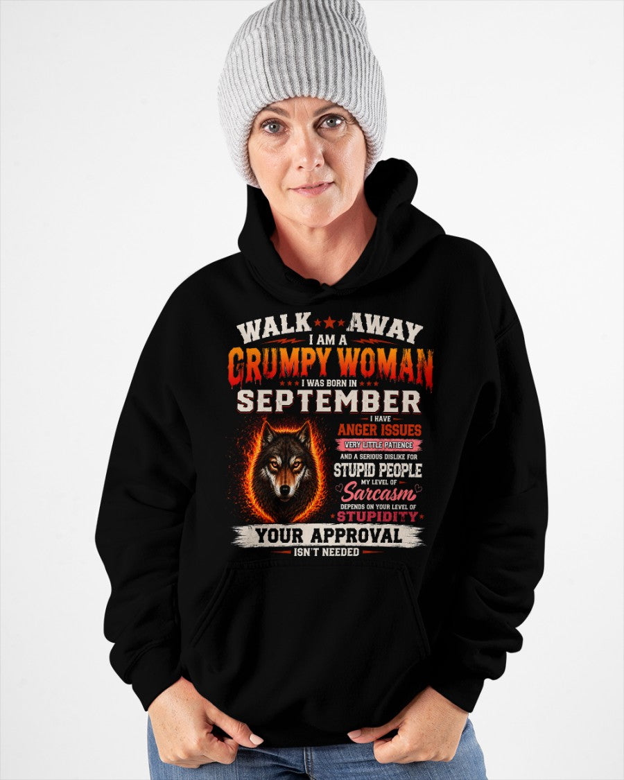 Grumpy Woman Shirt - I Am A Grumpy Woman Born In September Wolf Graphic Tee - Funny Sarcastic Women's Shirt (SKU2607-311-09) SUN09