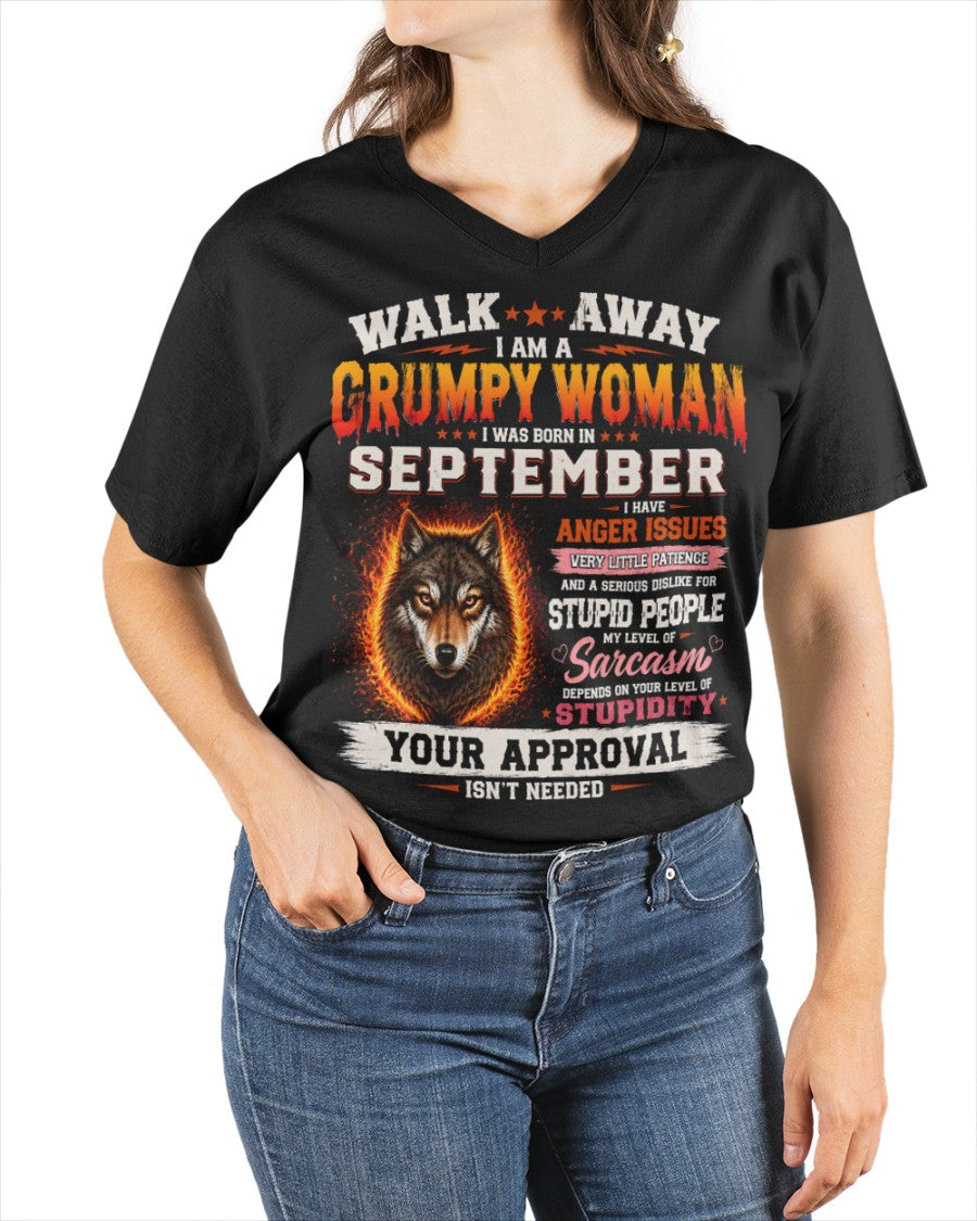 Grumpy Woman Shirt - I Am A Grumpy Woman Born In September Wolf Graphic Tee - Funny Sarcastic Women's Shirt (SKU2607-311-09) SUN09