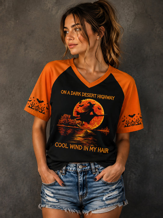 Women's Vintage Raglan V-Neck Shirt - Halloween Witch Graphic Tee (SKU2608-522-ORANGE)